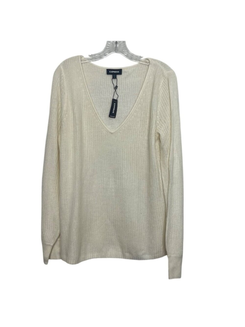 Express Vneck Knit Sweater Long Sleeve Large Cream New‎ Lightweight